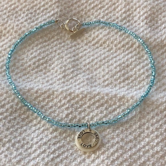 NEW! Beaded Choker Necklace Seed Bead w Shell & Stamped "Love" Metal Pendant - Picture 7 of 8